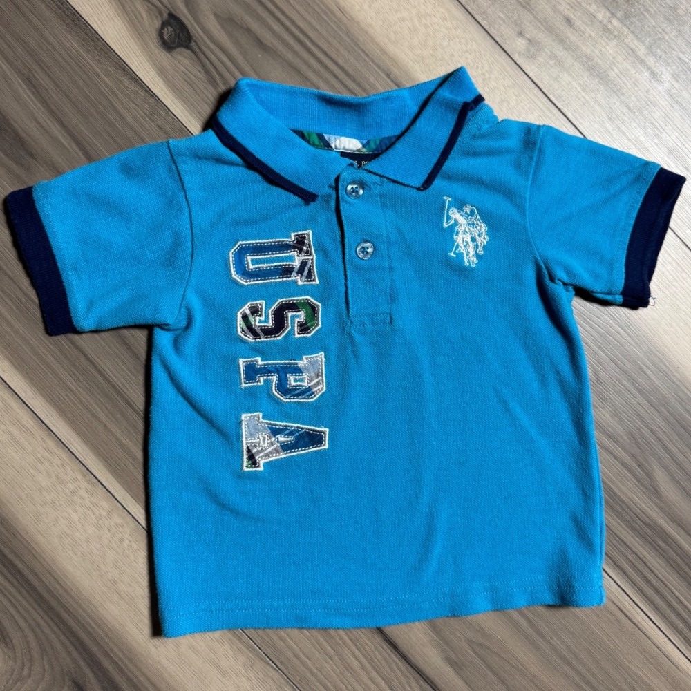 US Polo Assn Baby Boys Turquoise Blue Short Sleeve Polo Shirt Plaid Logo 18M